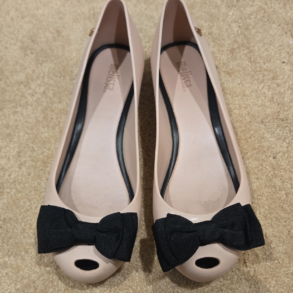 Melissa Women's Bow Peep Toe Flats - Cream and Black Size 7